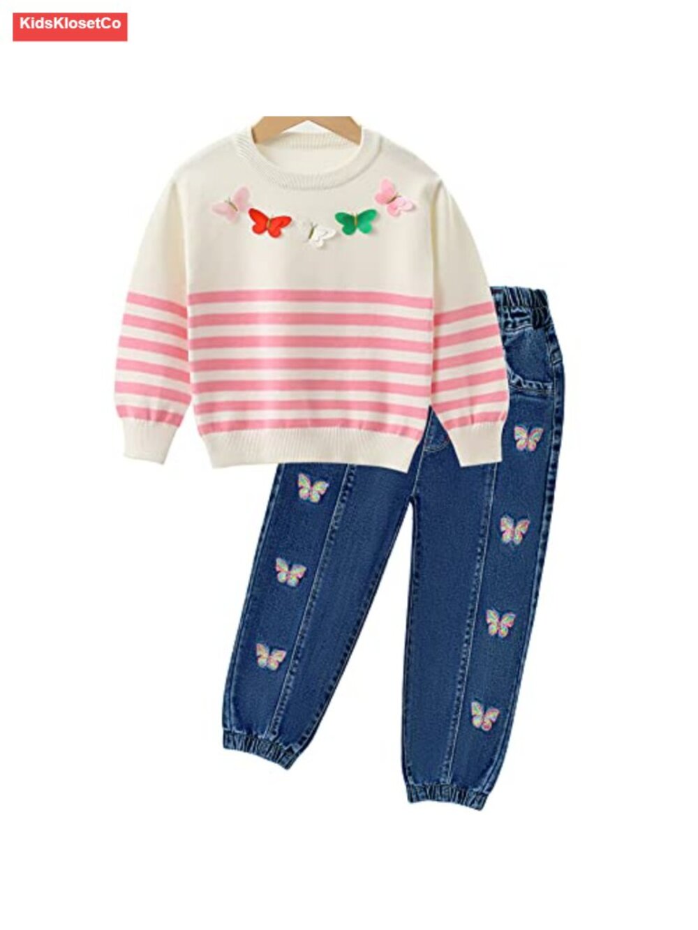 Kids 2-Piece Outfit Long Sleeve Knit Sweater & Embroidered Jeans Cotton Denim